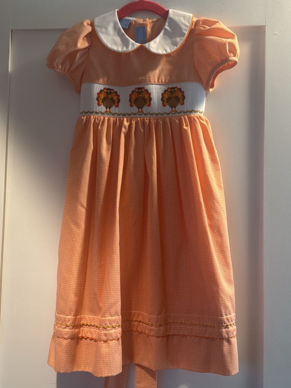 Girls Orange Gingham Smocked Dress with White Peter Pan Collar size 5